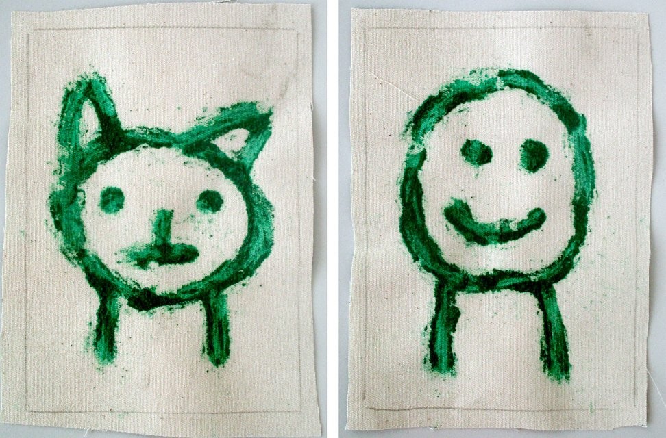 Porträt Katze und Mensch, grüne Farbpigmente und Kleister auf Leinwand, 31