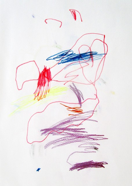 Kritzel ohne Bedeutung / Benennung (gezeichnet nach Vorlage von Mädchen), Buntstift und Filzstift auf Papier, 21 x 29,7 cm, 31