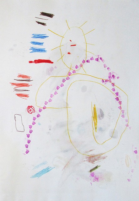 kindliche Zeichnung (frei nach Emma, 3 Jahre alt), Buntstifte, Filzstifte, Lippenstift, Marmelade und Stempel auf Papier 21 x 29,7 cm, 31